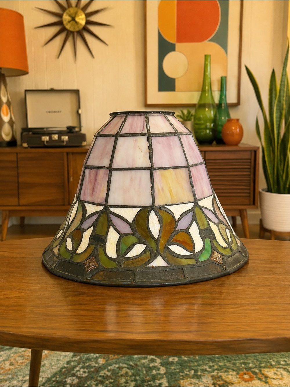 Vintage Tiffany Style Floral Stained Glass Lamp Shade Multicolor 9" wide
